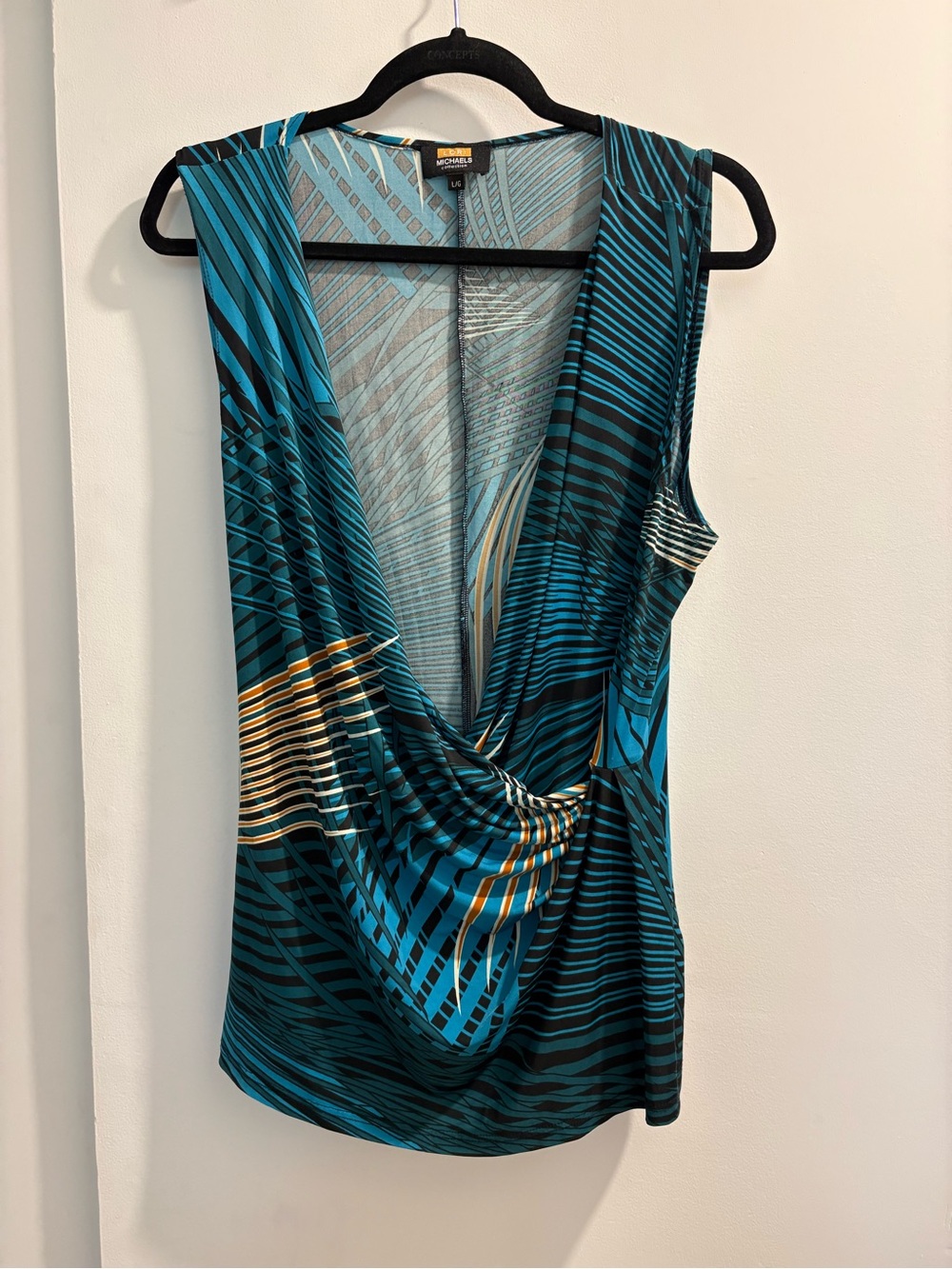 Michael Kors Teal & Black Draped V-Neck Sleeveless Top
